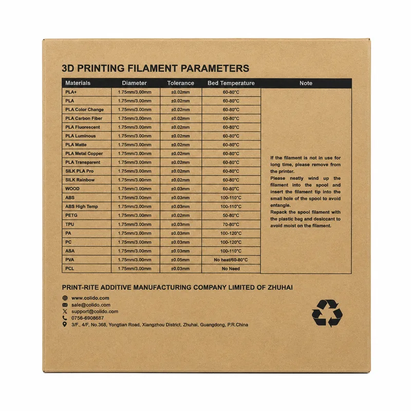 Tabla de parámetros de impresión impresa en la caja original CoLiDo: materiales, diámetros, tolerancias y temperaturas de cama