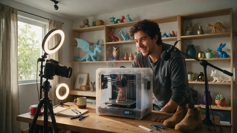 Estudio de un creador de contenido con impresora 3D y estantes llenos de figuras impresas de colores